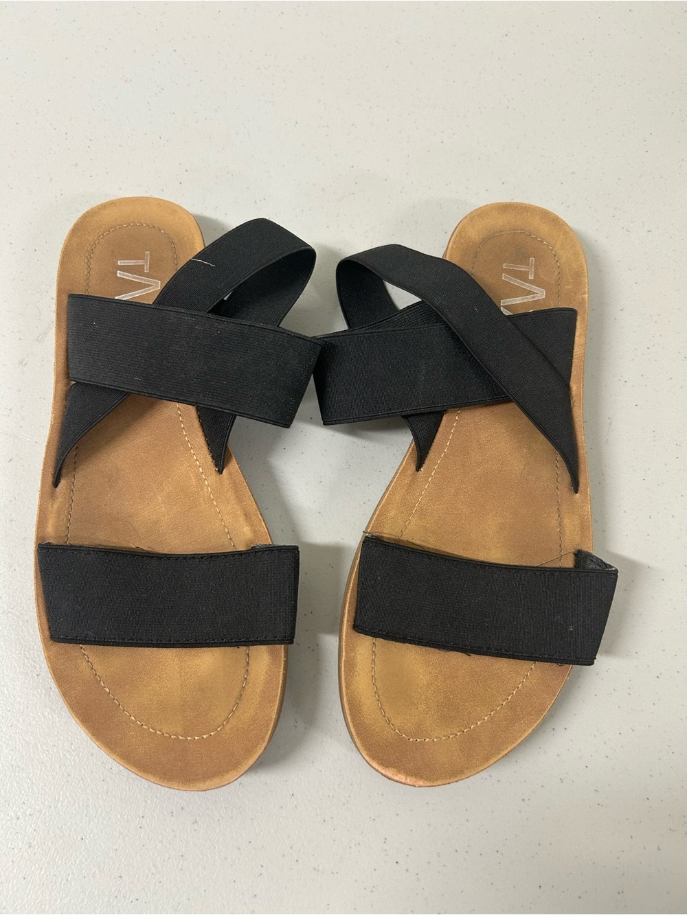 Women’s Black Crisscross Slide Sandals with Tan Footbed